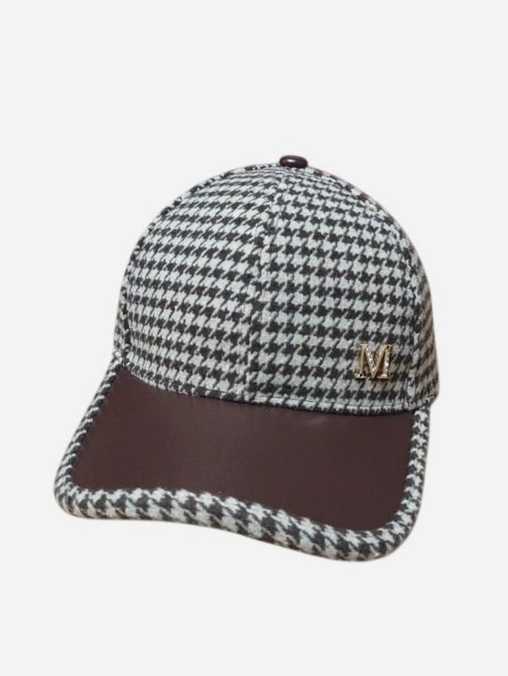 Brown & Beige Houndstooth Cap with Faux Leather Brim One Size New